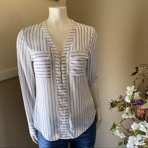 Express XS Blue White Zip Front Roll Sleeve Blouse